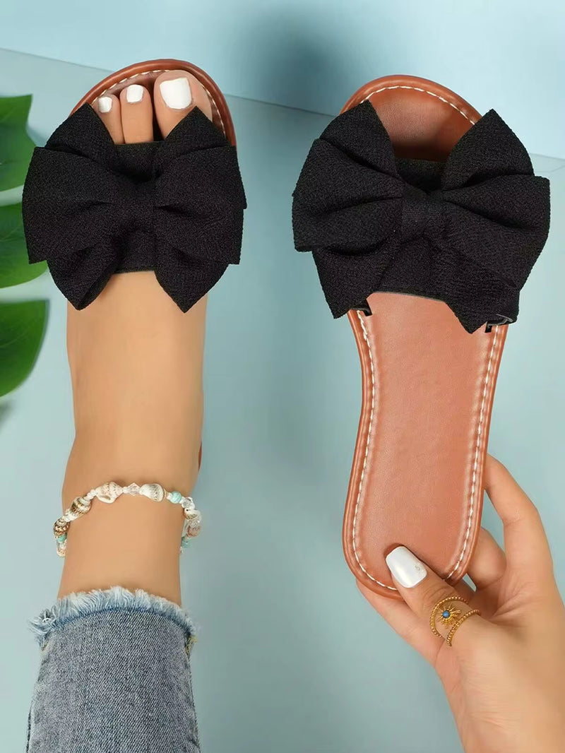 1pair Black Flat Sandals With Bow Decor, Round Open Toe, Non-Slip Bottom, Fashionable & Comfortable Roman Slippers, Suitable For Indoor, Leisure, Party