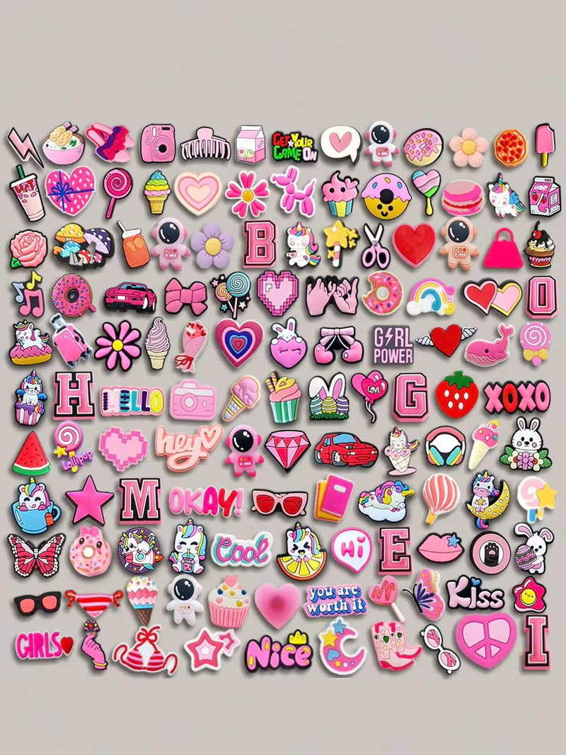 Multi-Size 16-23-33-53-61Pcs Pink Mixed Shoe Charms, Cute Whale Unicorn Butterfly Stationery Patterns, Stylish DIY Shoe Accessories For Young Women