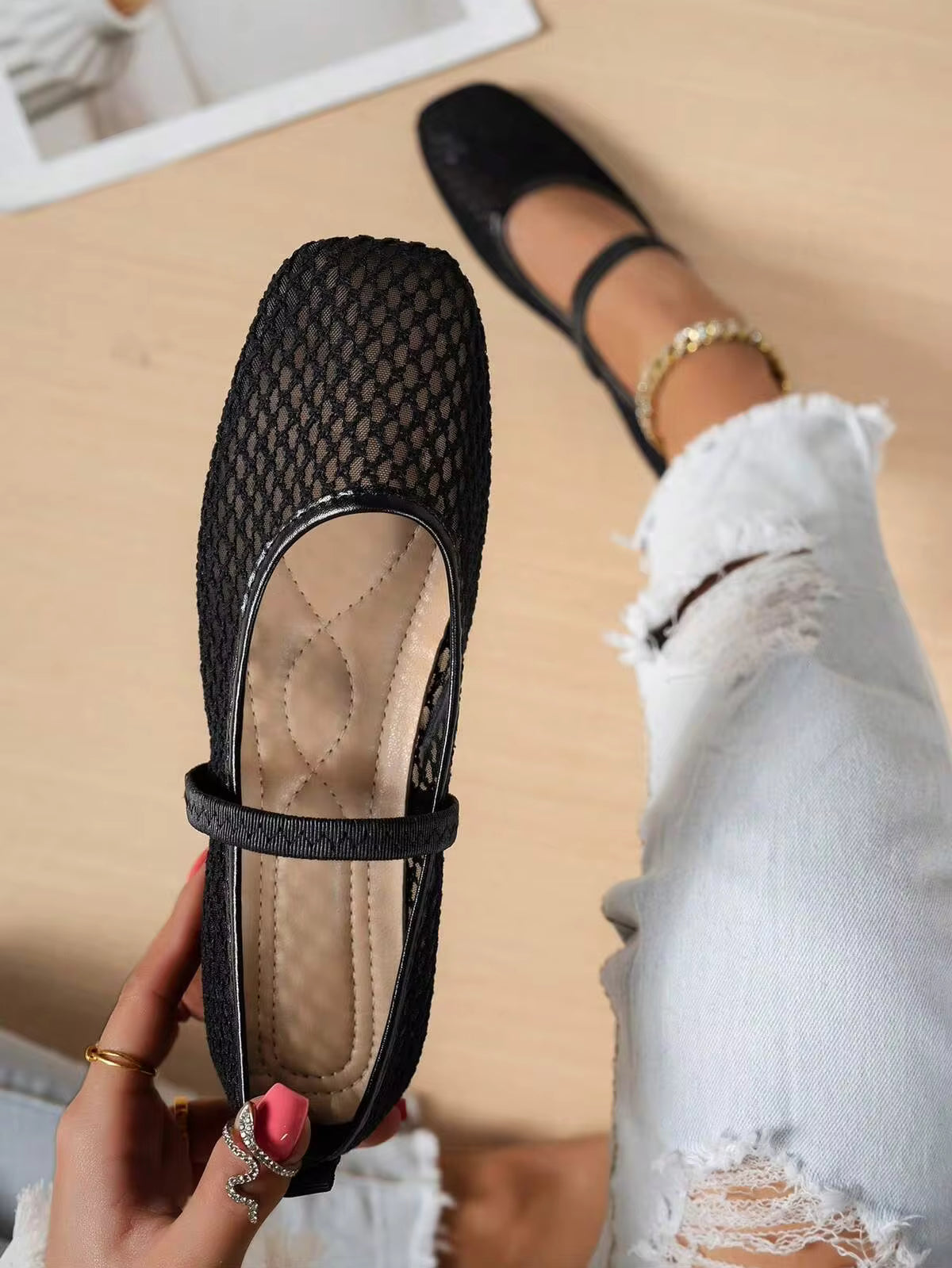Summer Lace Mesh Hollow Flat Shoes, Women Breathable Elastic Band Ballet Shoes, Casual Comfortable Slip-On Loafers For Daily Commute, Versatile