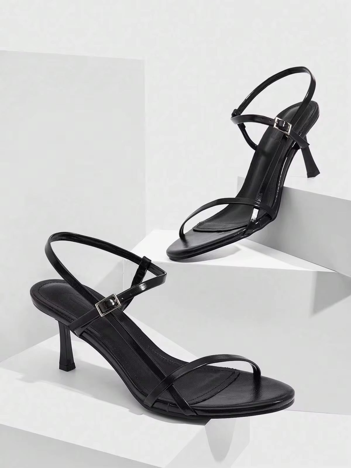 CUCCOO SZL Women Shoes Summer Round Toe Thin Heel Black Strap Side Buckle Back Lift Stylish Sexy Dinner Party Ladies High Heel Sandals Women's Shoes
