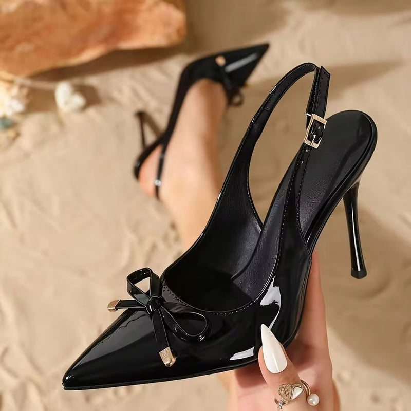 Women Elegant Bow Decor Glossy Patent Leather Fashion High Heels BURGUNDY Heels SummerShoes Summer Break Easter Prom Heels ForChristmasElegant